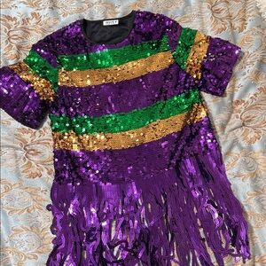 Mardi Gras sequin woman’s purple green gold top with purple fringe